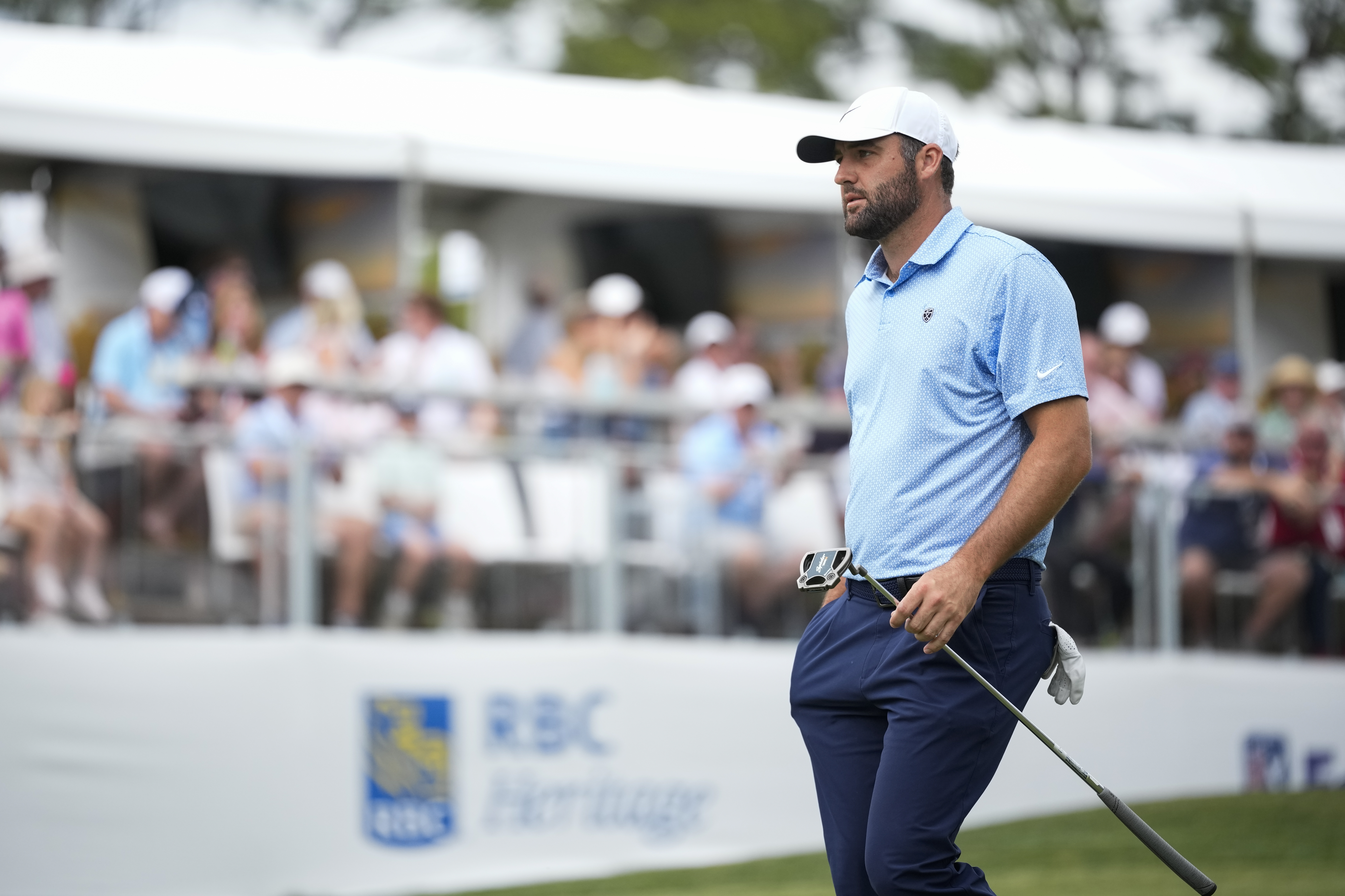 Scottie Scheffler on the ninth green during the final round of RBC Heritage at Harbour Town Golf Links