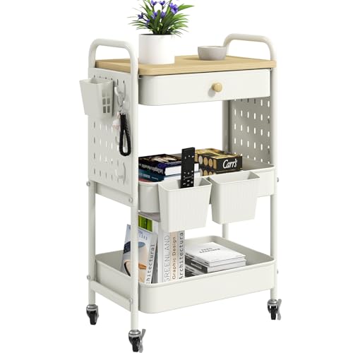 Danpinera 3 Tier Rolling Cart, Metal Utility Cart With Wooden Table Top &amp;amp; Diy Pegboard, Rolling Carts With Drawer, Storage Cart With Hooks &amp;amp; Hanging Cups for Kitchen, Bathroom, Office