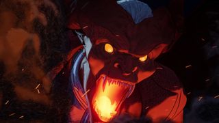 a fire-breathing animated demon with mouth agape