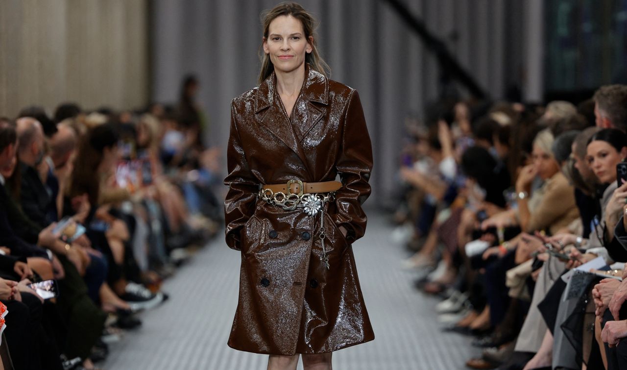 Hilary Swank walking for Miu Miu at Paris Fashion Week