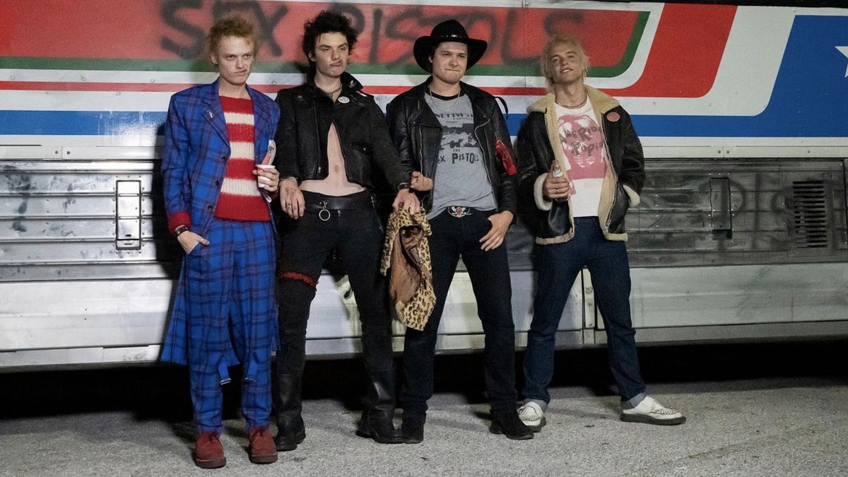 Sex Pistols lined-up by the tour bus in Pistol