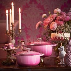 ombre style pink casserole dishes from le creuset