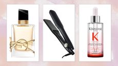 Collage of beauty products (L-R) YSL Libre Eau de Parfum, ghd Max Styler and Kérastase Genesis Serum, on a pink watercolour background