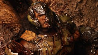 Doom: The Dark Ages - Doom Guy with his mask broken laying on the ground in the Revelations DLC