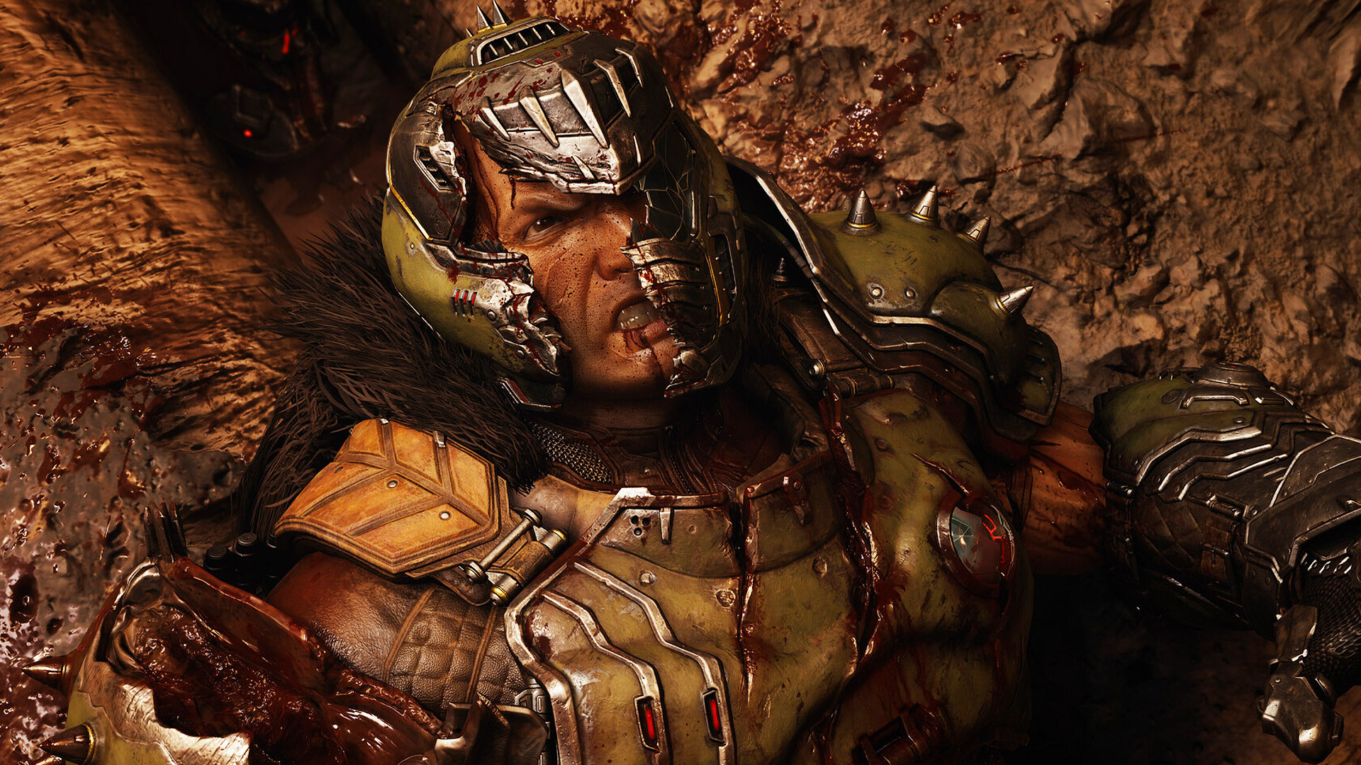 Doom: The Dark Ages - Doom Guy with his mask broken laying on the ground in the Revelations DLC