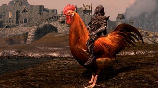 Beginner's guide to mods — in Skyrim, a Dragonborn sits atop a very large, very modded chicken mount.