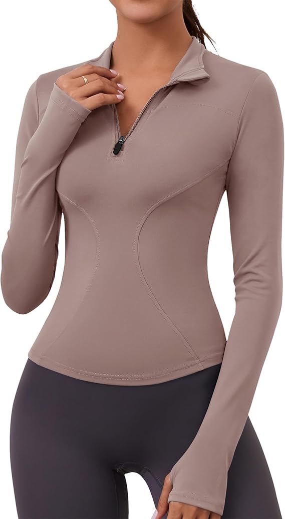 Womens Long Sleeve Workout Crop Tops Quick Dry Golf Shirt Quarter Zip Pullover Yoga Athletic Slim Fit Shirts(brown Gray,x-Large)