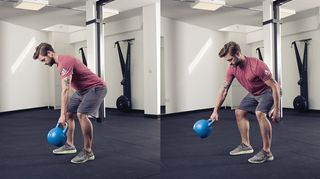 Man performs figure of eight exercise with kettlebell