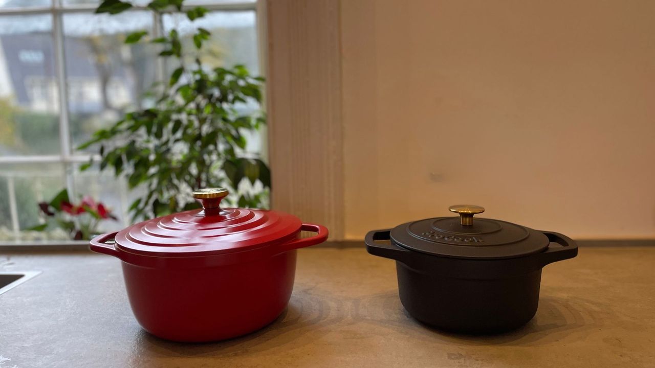 Tefal Air Cast Aluminium Stewpot next to a ProCook cast iron pot