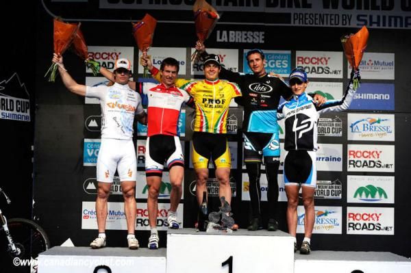 Elite men's La Bresse eliminator podium: Miha Halzer, Stefan Peter, Patrick L&uuml;thi, Brian Lopes, Alexis Vuillermoz