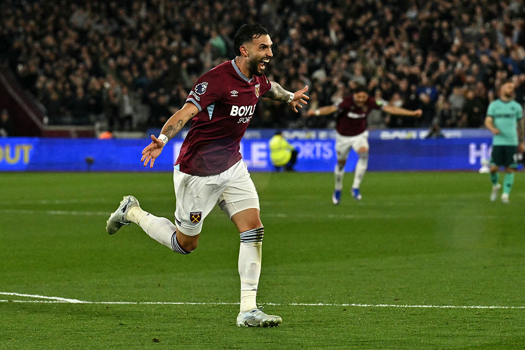 West Ham United striker Taty Castellanos celebrates after scoring against Wolverhampton Wanderers at the London Stadium