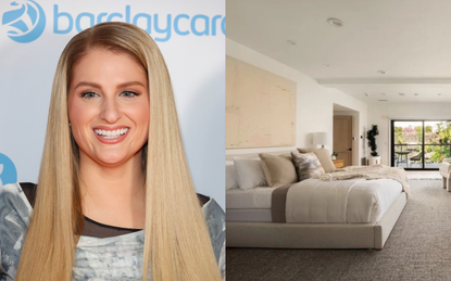 A split image with a headshot of Meghan Trainor smiling at the camera and a large neutral bedroom 