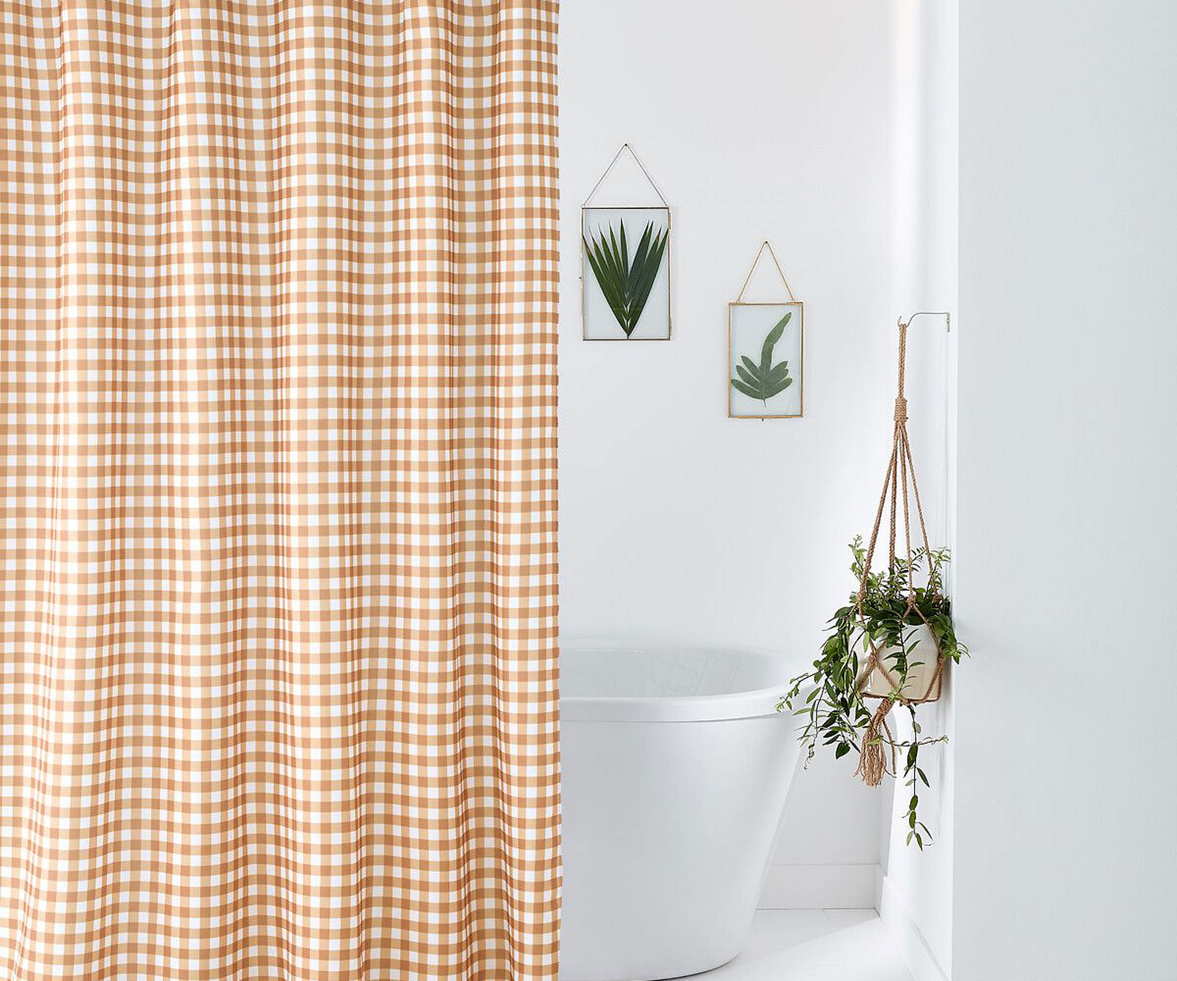 modern bathroom with yellow Gingham shower curtain