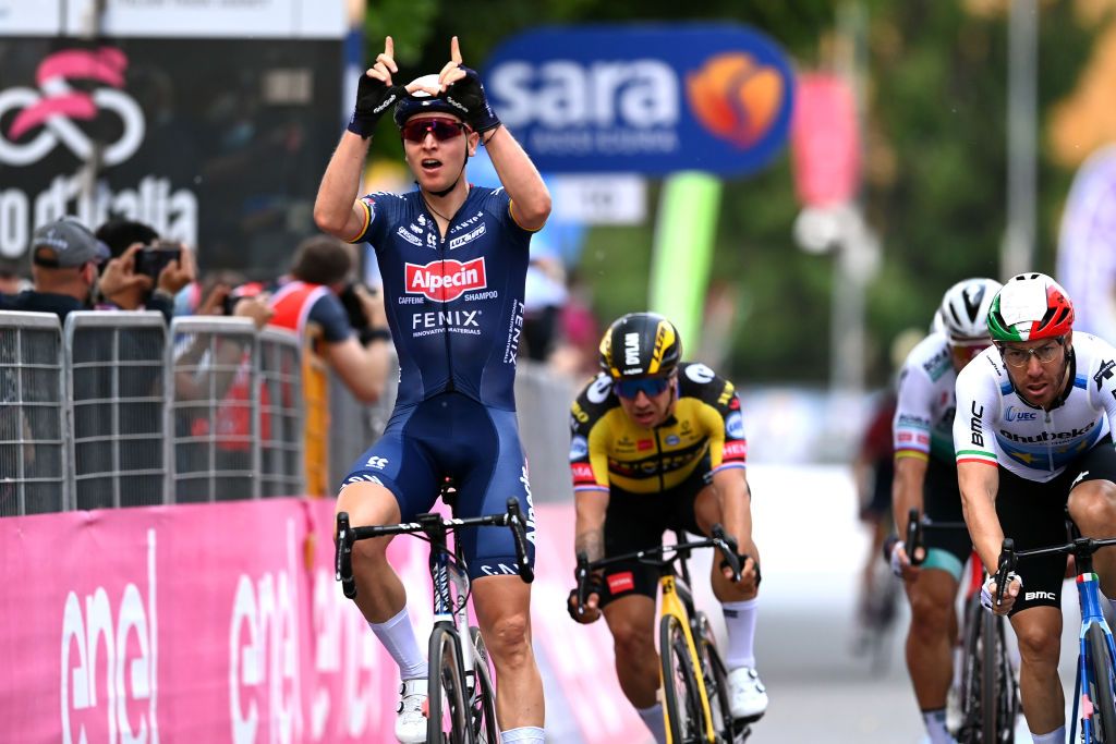 NOVARA ITALY MAY 09 Tim Merlier of Belgium and Team AlpecinFenix celebrates at arrival during the 104th Giro dItalia 2021 Stage 2 a 179km stage from Stupinigi Nichelino to Novara girodiitalia Giro UCIworldtour on May 09 2021 in Novara Italy Photo by Stuart FranklinGetty Images
