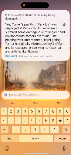 Visual Intelligence answering a question about historic damage to a painting