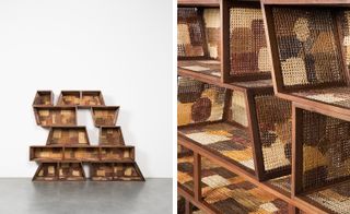 Patches of reclaimed wicker from Thonet chairs have been rewoven with nylon to create geometric modules that stack into a striking bookshelf.