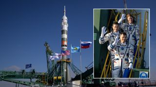 A Russian Soyuz rocket on the launch pad with many national flags and astronauts waving farewell in an inset
