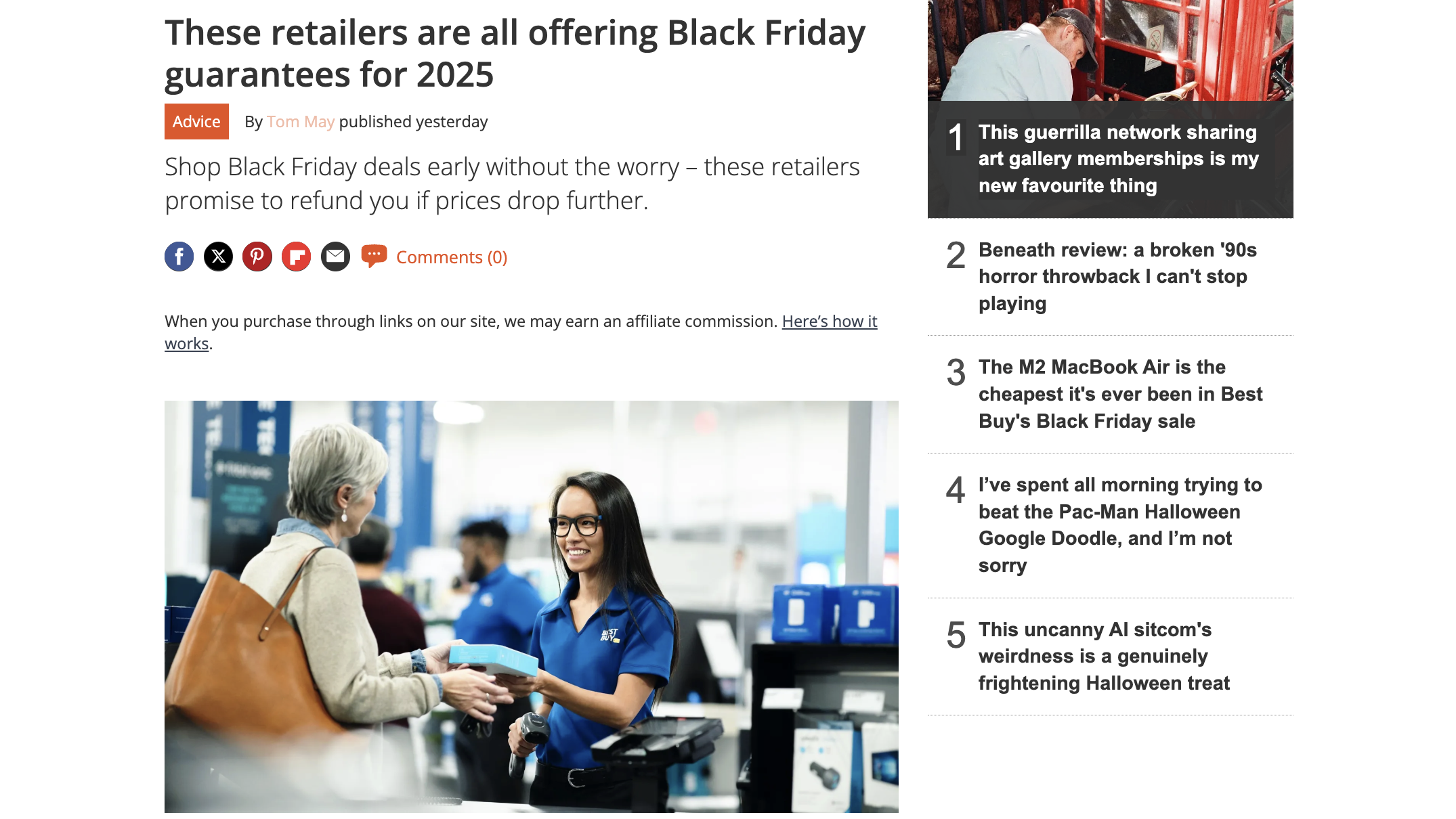 A Creative Bloq article headline about retailers offering Black Friday price guarantees for 2025, with a stock photo of a customer interacting with a store employee at a checkout counter.