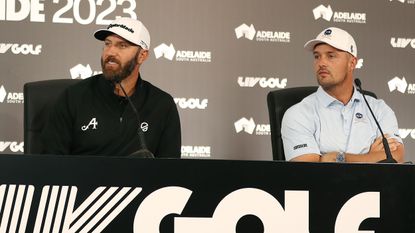 Dustin Johnson and Bryson DeChambeau speak at a LIV press conference