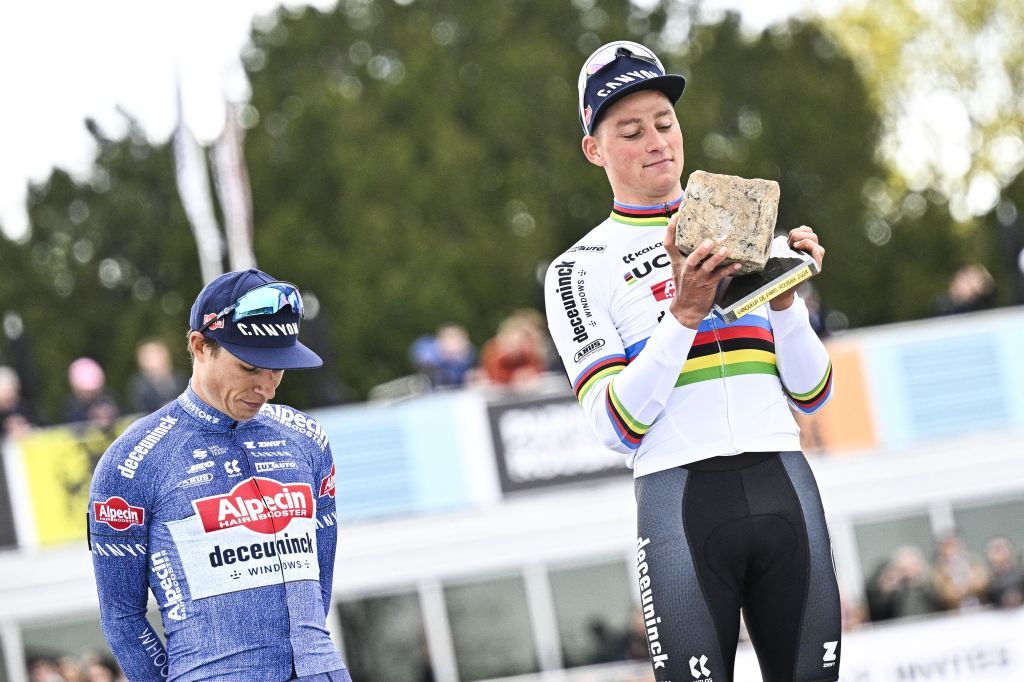 Winner Dutch Mathieu van der Poel of Alpecin-Deceuninck (C) team-mate second placed Belgian Jasper Philipsen celebrate on the podium at the men's elite race of the 'Paris-Roubaix' cycling event, 260,0km from Compiegne to Roubaix, France on Sunday 07 April 2024.
BELGA PHOTO JASPER JACOBS (Photo by JASPER JACOBS / BELGA MAG / Belga via AFP)