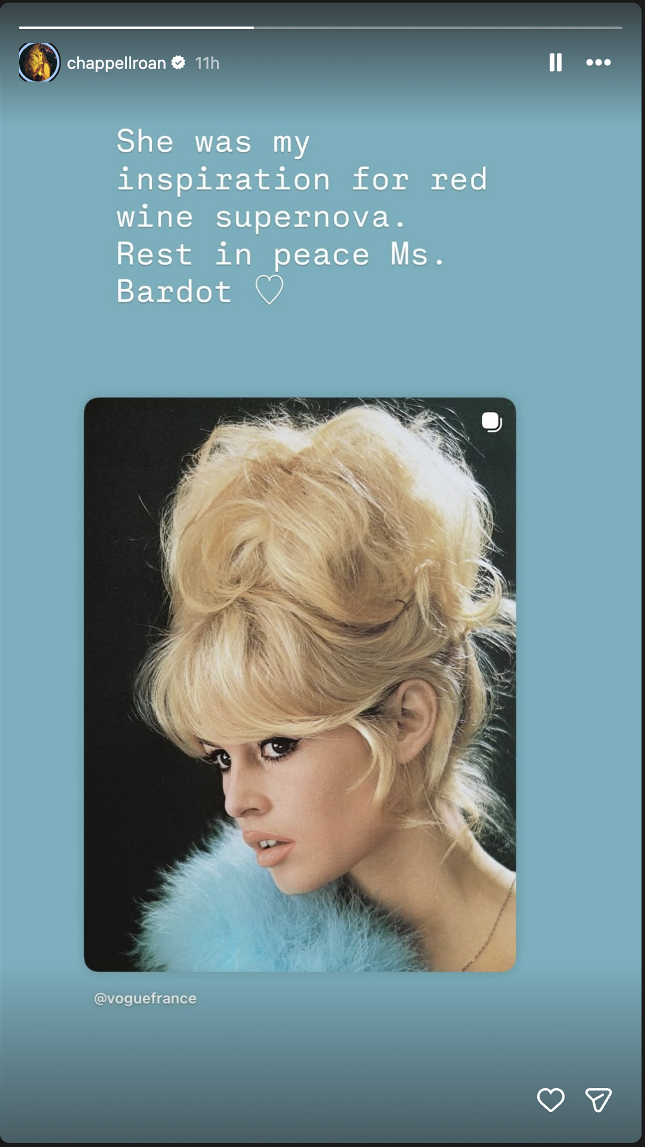 Chappell Roan Instagram post about Brigitte Bardot.