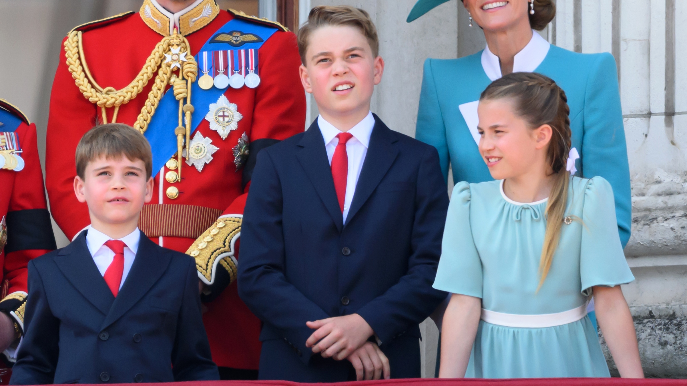 Prince Louis of Wales, Prince George of Wales and Princess Charlotte of Wales on the balcony at Buckingham Palace during Trooping The Colour 2025