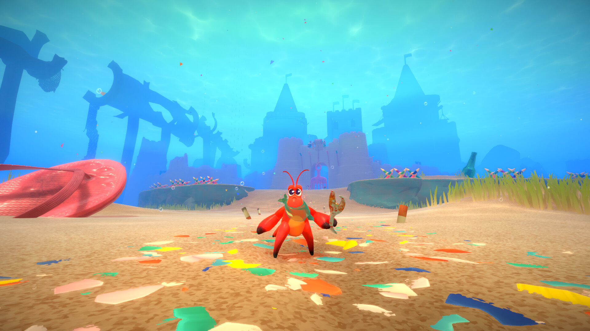 In Another Crab's Treasure, the protagonist crab stands ready for battle with a small claw weapon