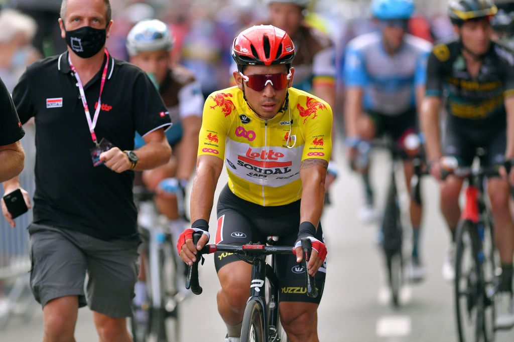 WAVRE BELGIUM AUGUST 17 Arrival Caleb Ewan of Australia and Team Lotto Soudal Yellow Leader Jersey during the 41st Tour de Wallonie 2020 Stage 2 a 1723km stage from Frasnes Lez Anvaing to Wavre TourdeWallonie TRW2020 on August 17 2020 in Wavre Belgium Photo by Luc ClaessenGetty Images