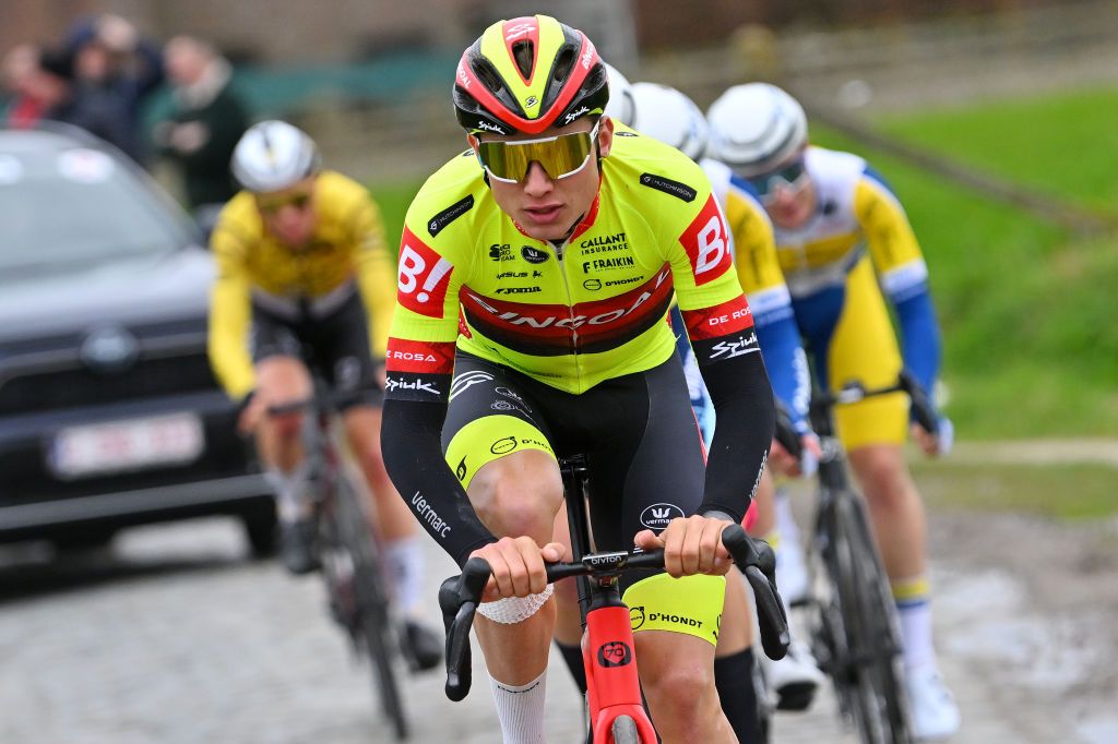 NOKERE BELGIUM MARCH 13 Aaron Van Der Beken of Belgium and Team Bingoal WB competes in the breakaway during the 78th Danilith Nokere Koerse 2024 Mens Elite a 1881km one day race from Deinze to Nokere UCIWT on March 13 2024 in Nokere Belgium Photo by Luc ClaessenGetty Images