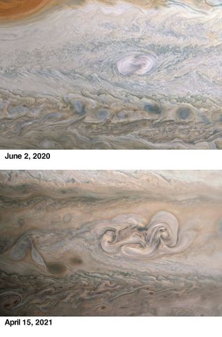 Clyde's Spot on Jupiter, as imaged by NASA's Juno spacecraft on June 2, 2020 (above) and April 15, 2021 (below).