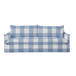 gingham blue and white single-cushion sleeper sofa