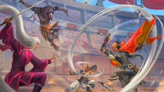 Combatants in Pathfinder 2e do battle in the tournament "The Fists of the Ruby Phoenix" to a roaring crowd.