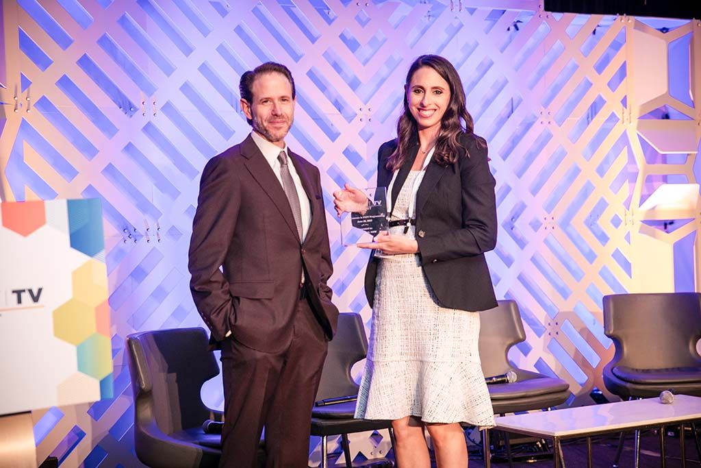 Event producer Charlie Weiss of Weiss Entertainment &amp; Media Consulting with Brooke Kahn of Allen Media Group, one of eight companies honored at the Next TV Summit with &ldquo;Achievements in FAST Programming Awards.&rdquo;