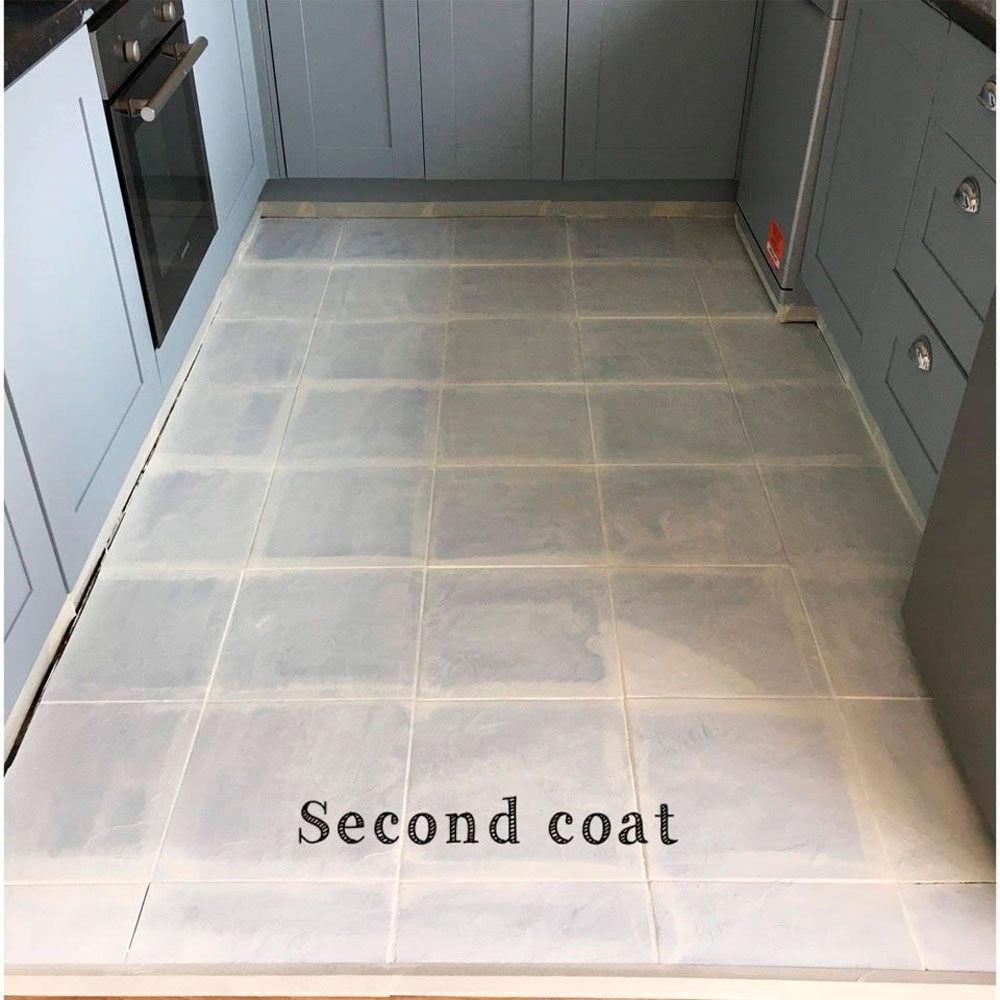 Before and after grey kitchen with DIY Fablon worktops and stencilled