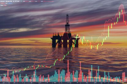 picture of oil rig in ocean with stock chart superimposed over it
