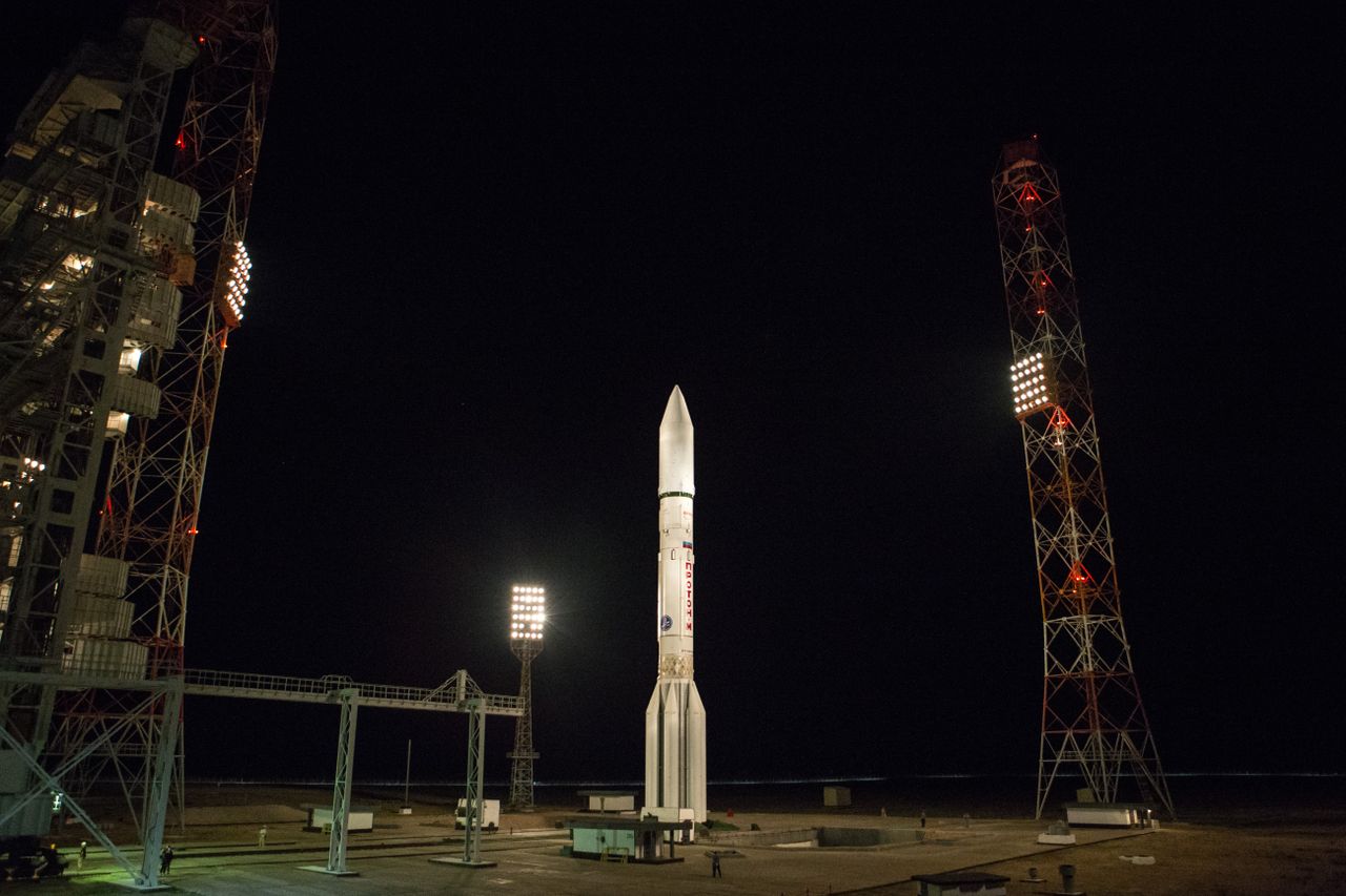 A Russian Proton-M rocket stands ready to launch the Express 80 and Express 103 communications satellites for the Russian Satellite Communications Company from Baikonur Cosmodrome on July 30, 2020.