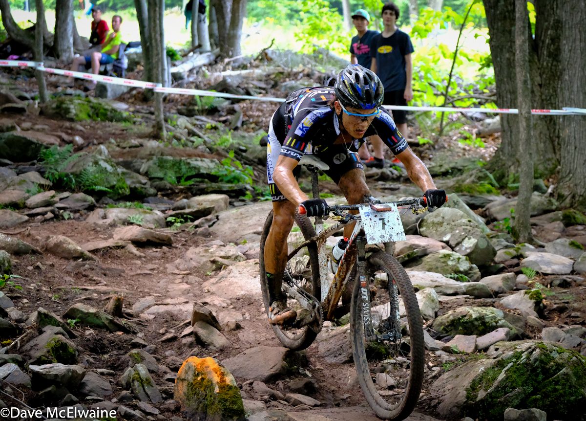Lukas Baum (UCI MTB) descending through the Rock no Roll section of the course