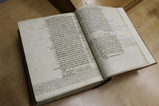 The 338-year-old Tanakh donated by Micha Shagrir to the University of Haifa. The book has numerous German and Latin notes scrawled in its margins.