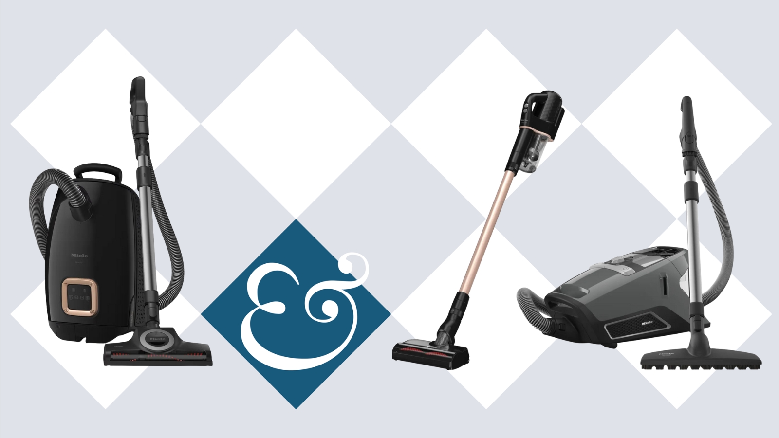 Three Miele vacuums on tile background with Homes &amp; Gardens &#039;&amp;&#039; logo.