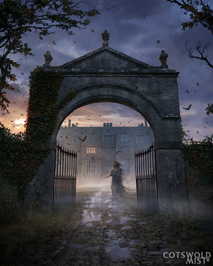 Cotswold Mist; a ghost appears at the gates of a manor house