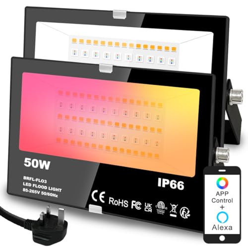 Mobri Led Floodlight Outdoor With Alexa, Smart Flood Lights Colour Changing App Control, 50w 5000lm Bluetooth, Warm White+1600 Million Rgb Colours, No Wifi No Hub, Ip66 Uk 3-Plug, 2 Pack