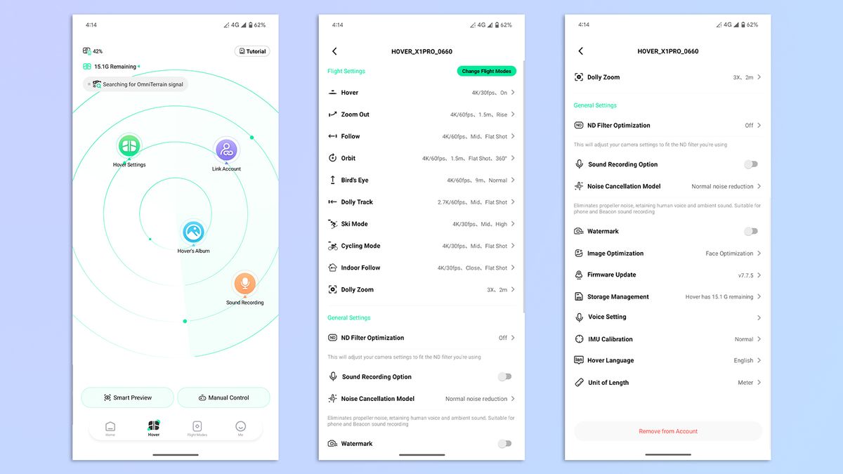 A compilation of screenshots showing the HoverAir X1 app on Google Pixel 7 Pro