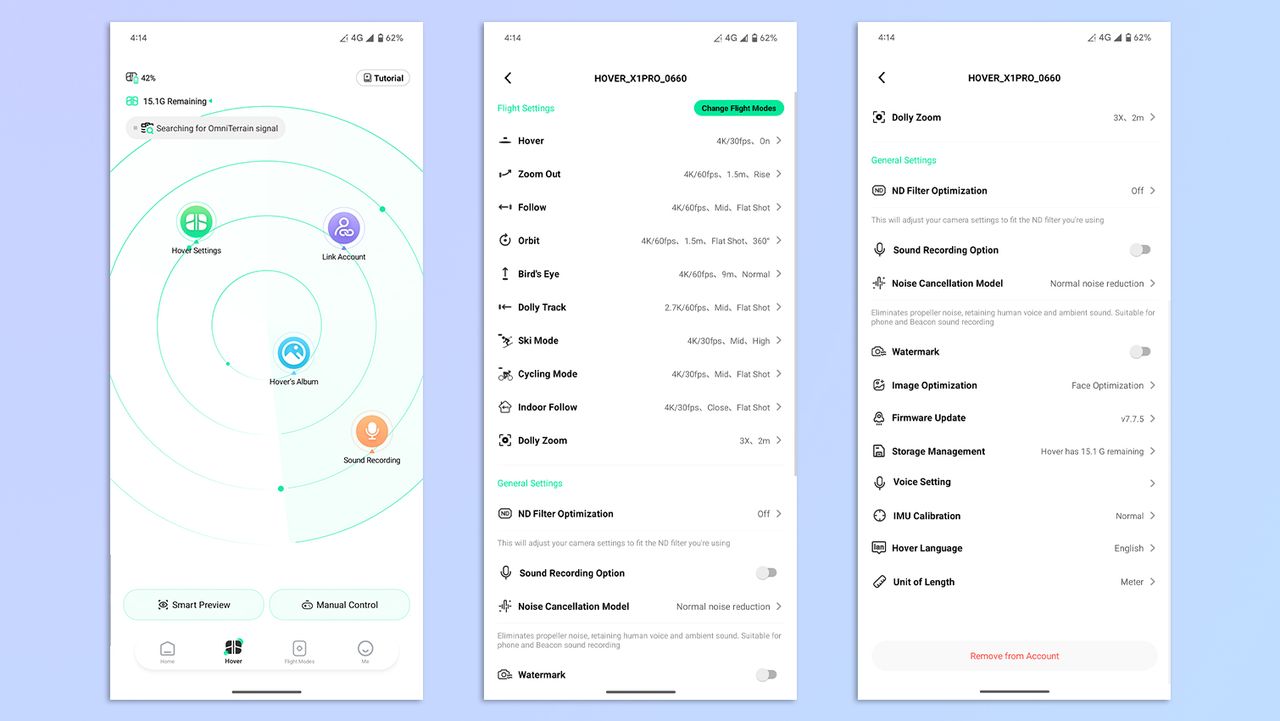 A compilation of screenshots showing the HoverAir X1 app on Google Pixel 7 Pro