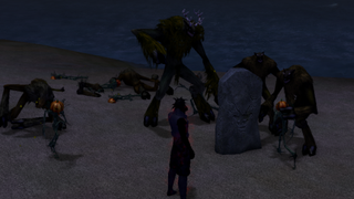 A City of Heroes character watches as a bunch of supernatural beasts duke it out over a rock.