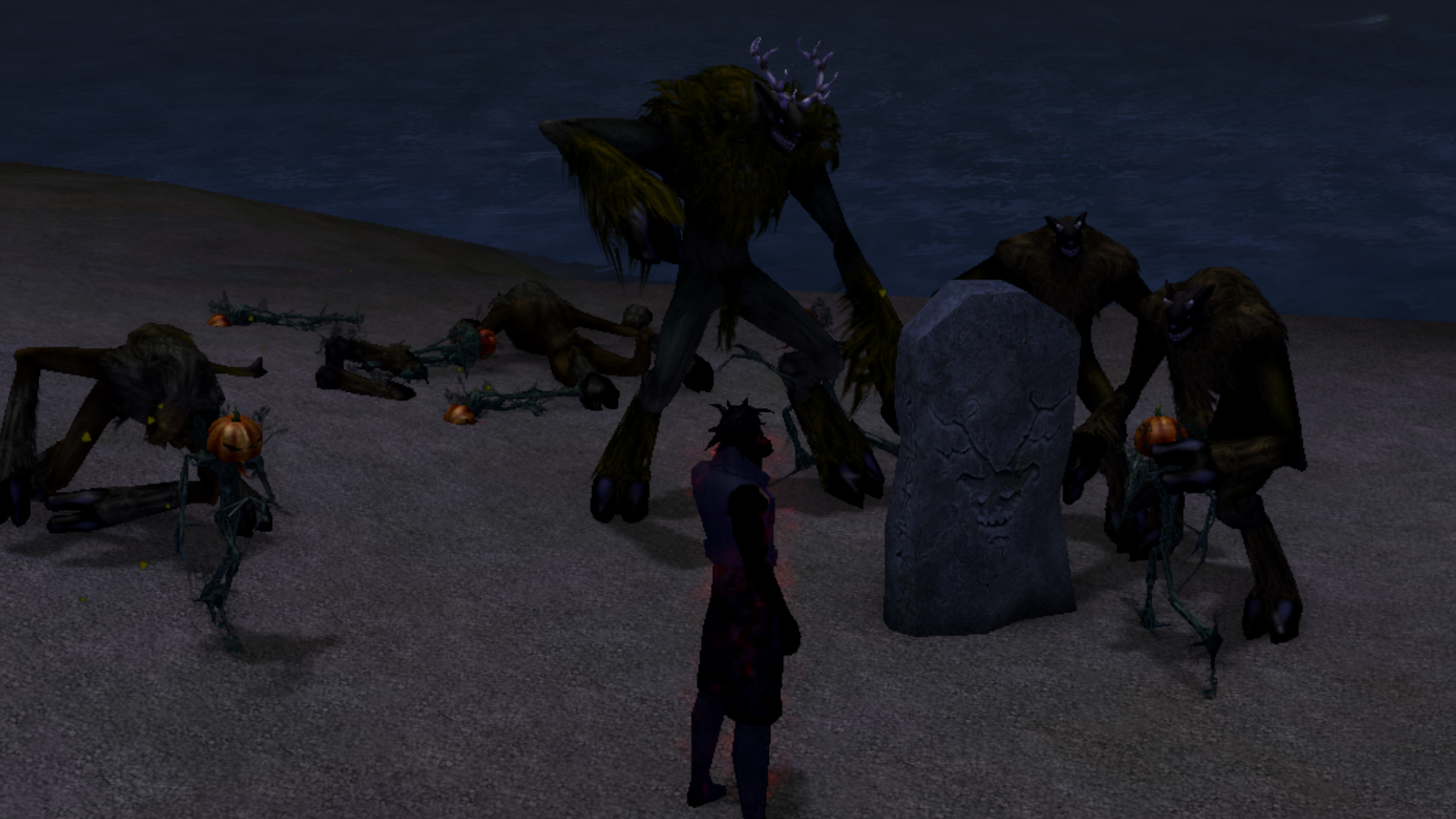 A City of Heroes character watches as a bunch of supernatural beasts duke it out over a rock.