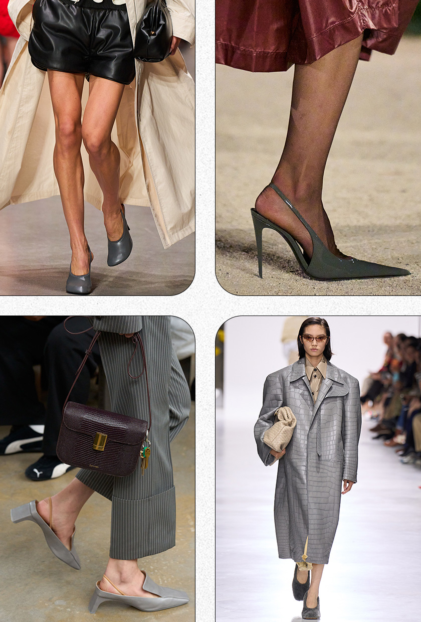 Heel color trends for 2026 are shown in a collage of runway images featuring the color slate gray. On the top left, a close-up photo shows a model walking down the runway in Stella McCartney's spring show, wearing a long cream trench coat, black leather shorts, and gray high-vamp round-toe pumps. On the top right, a close-up photo shows a model's foot wearing gray pointed pumps walking in Saint Laurent's spring show. On the bottom right, a model walks in Bottega Veneta's spring show wearing rimless sunglasses, a gray crocodile trench coat over a tan leather shirt, a yellow slip skirt, a tan clutch bag, and gray shearling heels. On the bottom left, a close-up photo shows a model in Calvin Klein's spring show walking down the runway wearing gray pinstripe trousers, a red crocodile crossbody bag, and gray mules