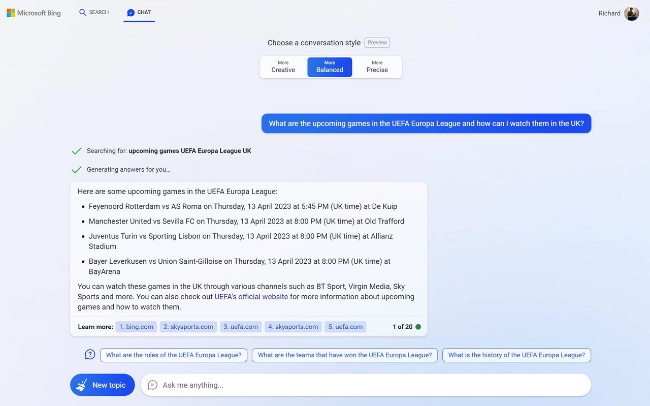 Bing Chat displaying information on the Europa League fixtures