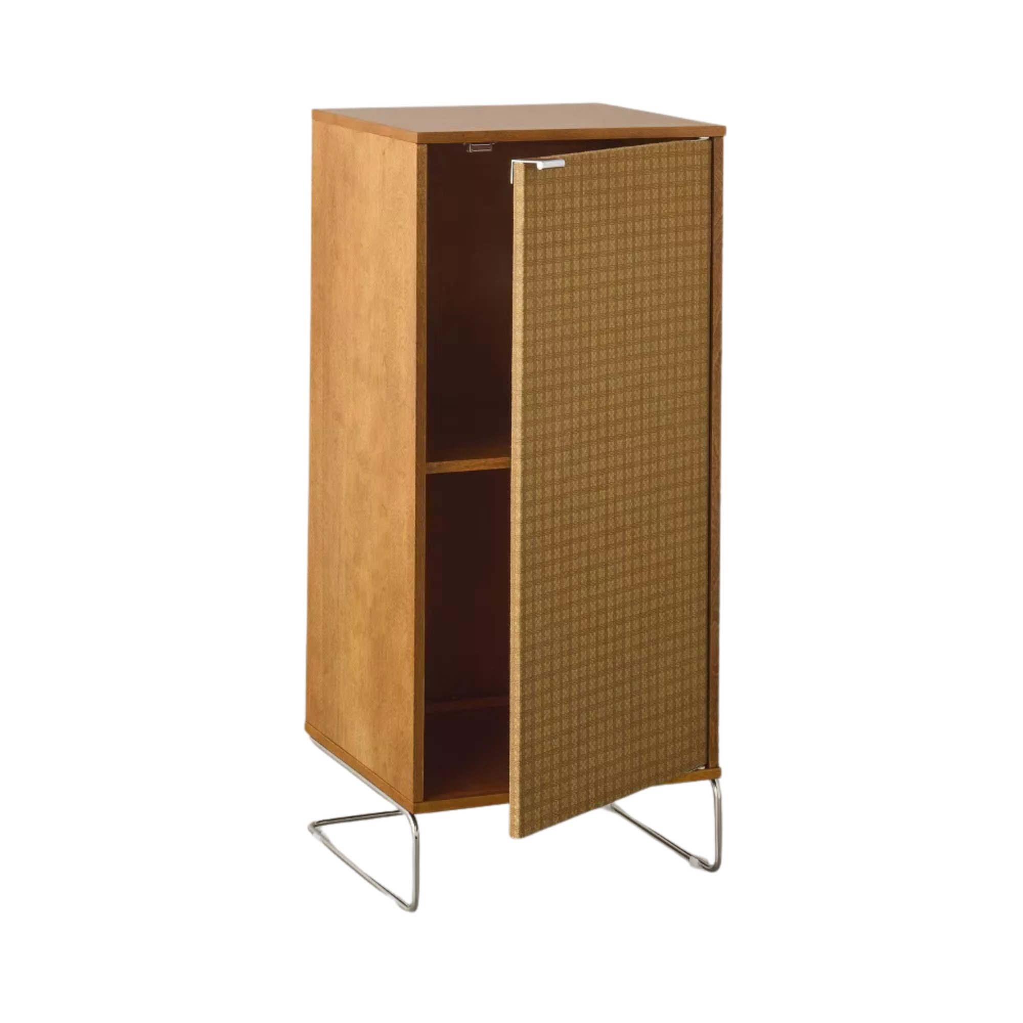 a mid-century style storage cabinet with a fabric door