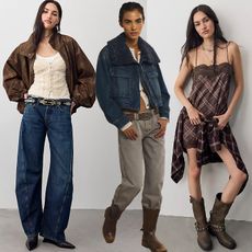 Models wear FP. One wears white top, brown jacket, blue jeans and black shoes. Another wears denim jacket, green khaki pants and boots, and last wears a dress and flannel combo with some cowboy boots.
