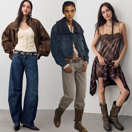 Models wear FP. One wears white top, brown jacket, blue jeans and black shoes. Another wears denim jacket, green khaki pants and boots, and last wears a dress and flannel combo with some cowboy boots.